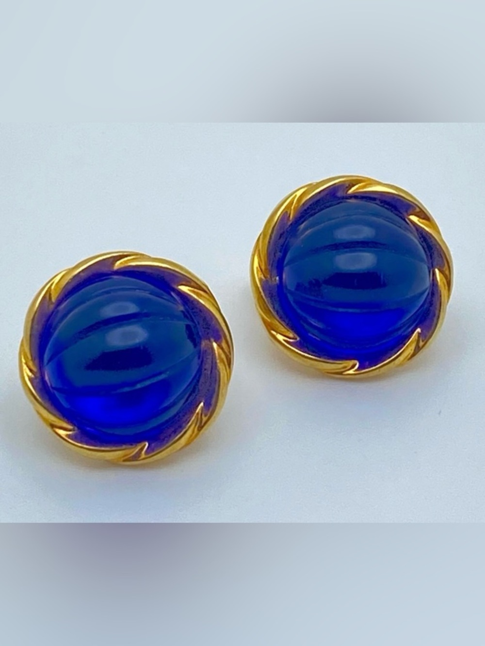 Vintage Avon 90s "Raj" Gold-Tone Blue Cabochon Stud Clip on Earrings